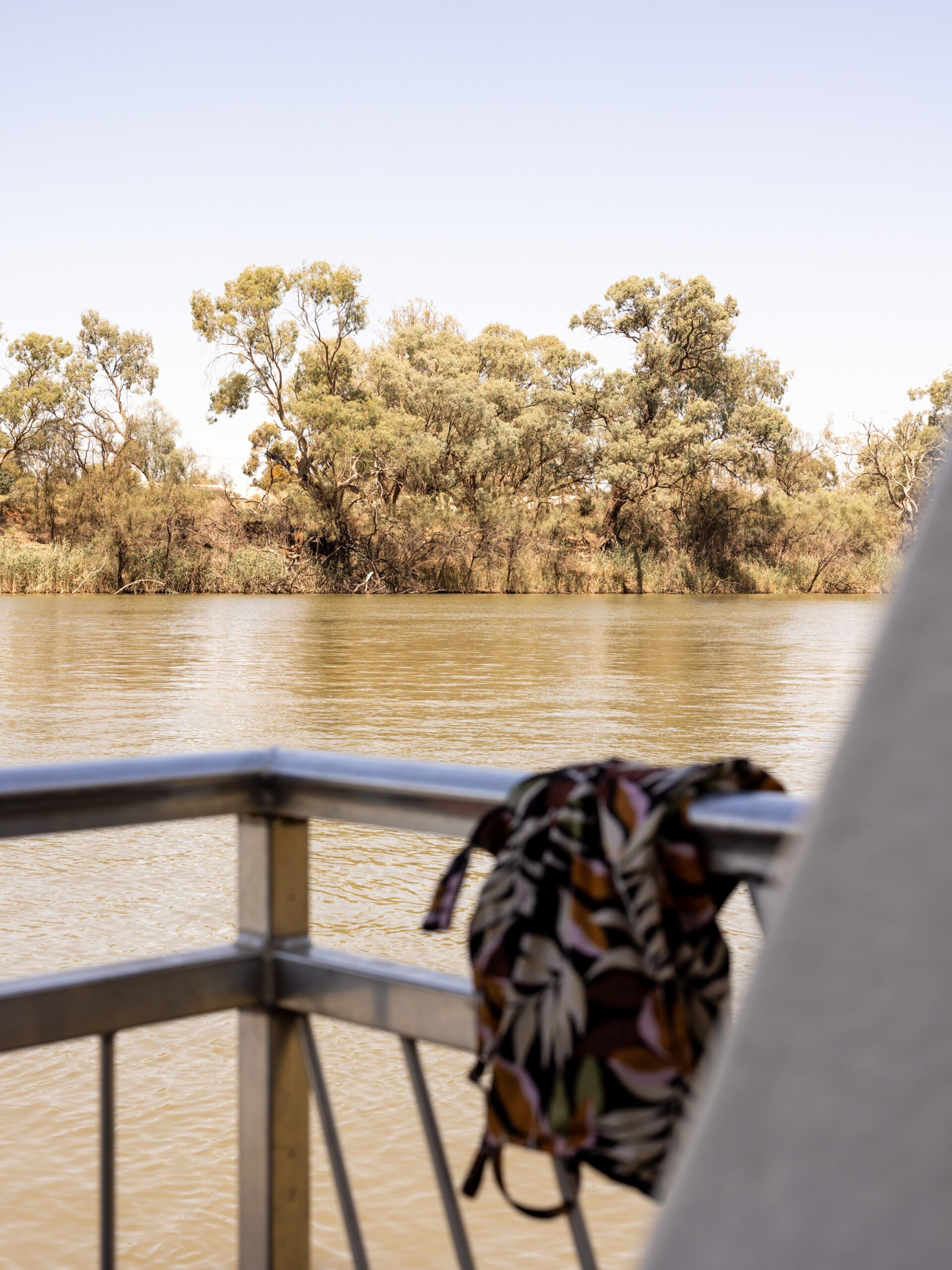 Swimmers hanging over the railing on a house boat on the Murray River