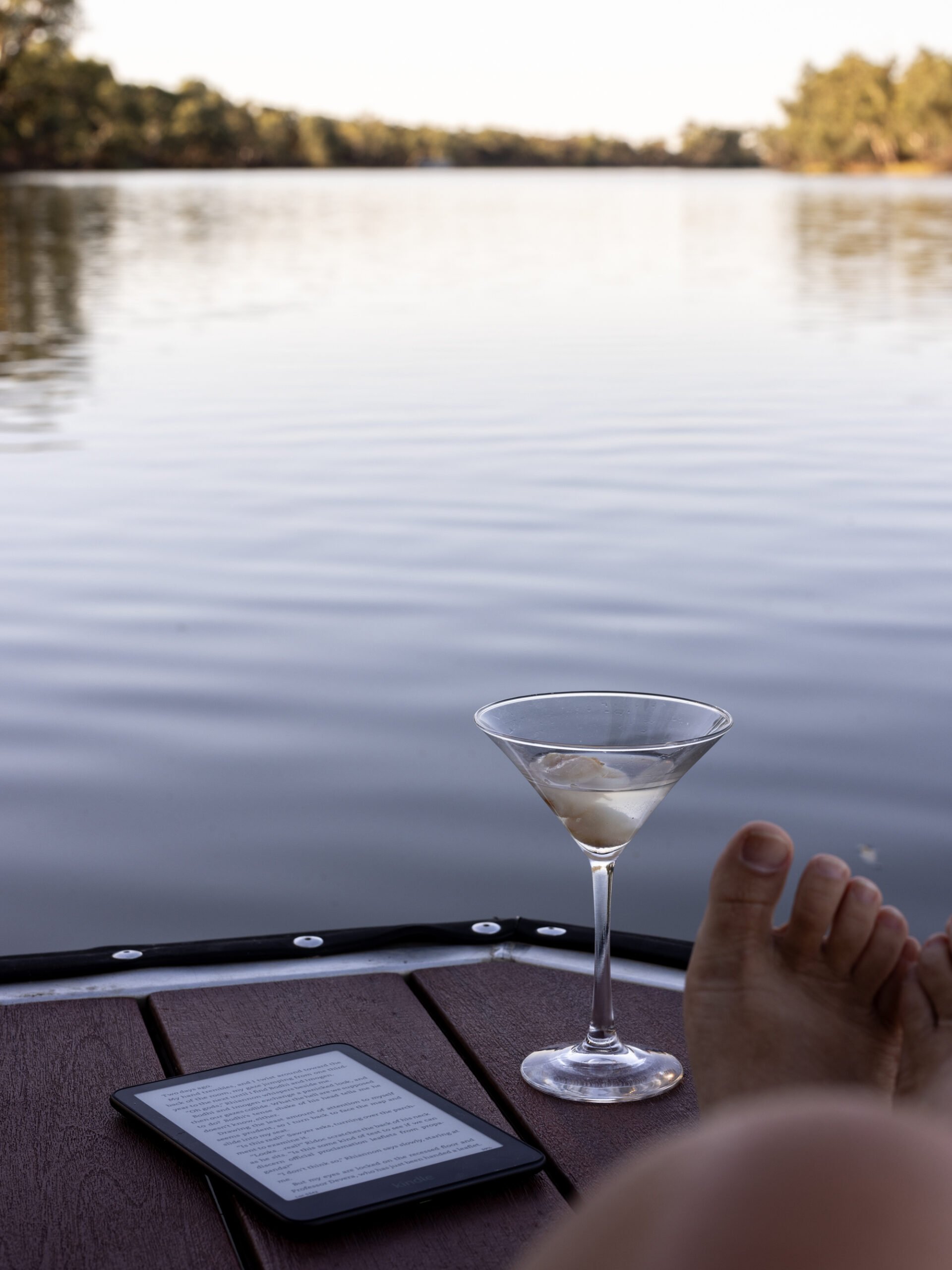 Martini on the back deck of a house boat on the Murray River