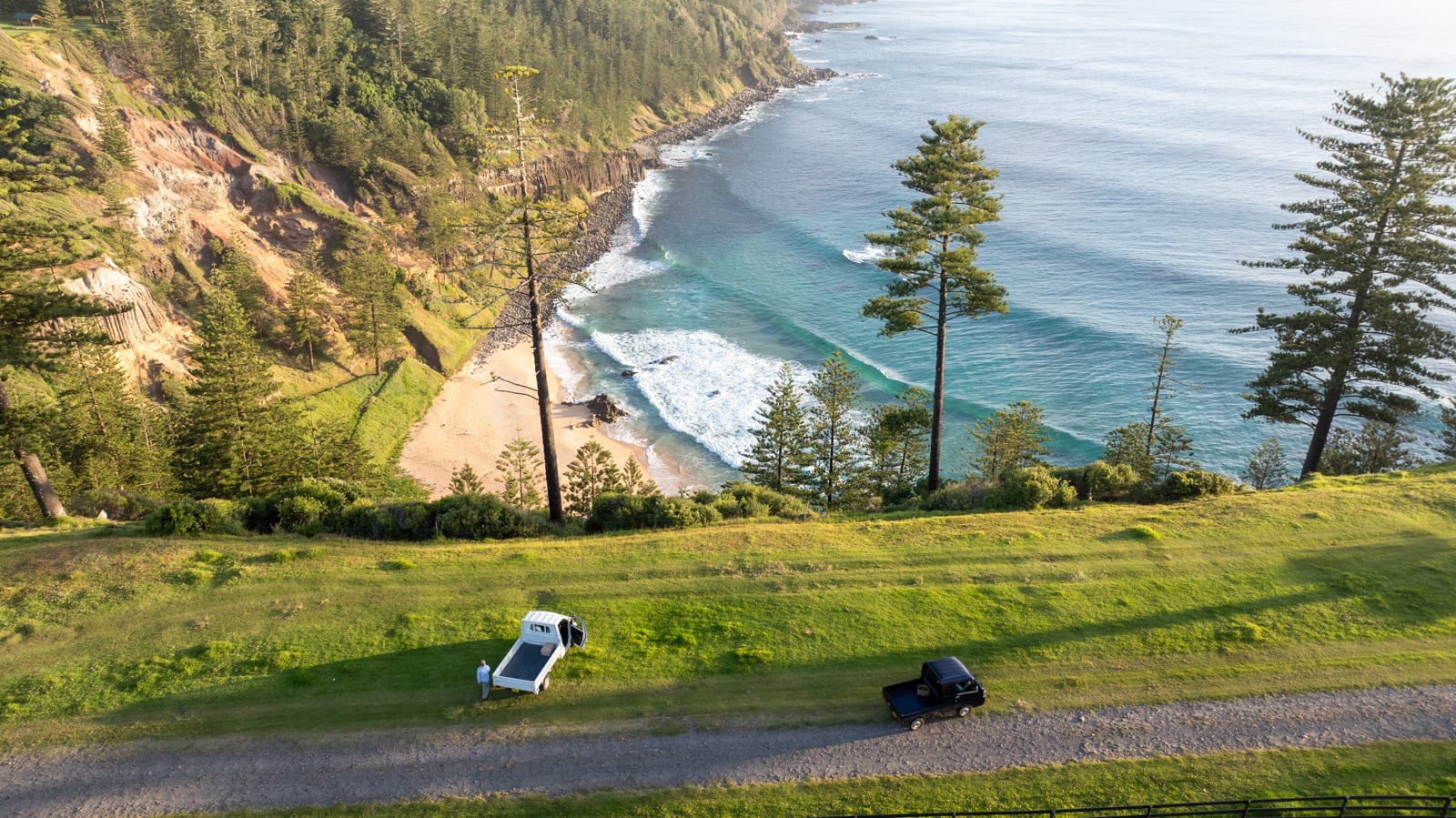Car parked on side of cliff at Anson Bay in Norfolk Island