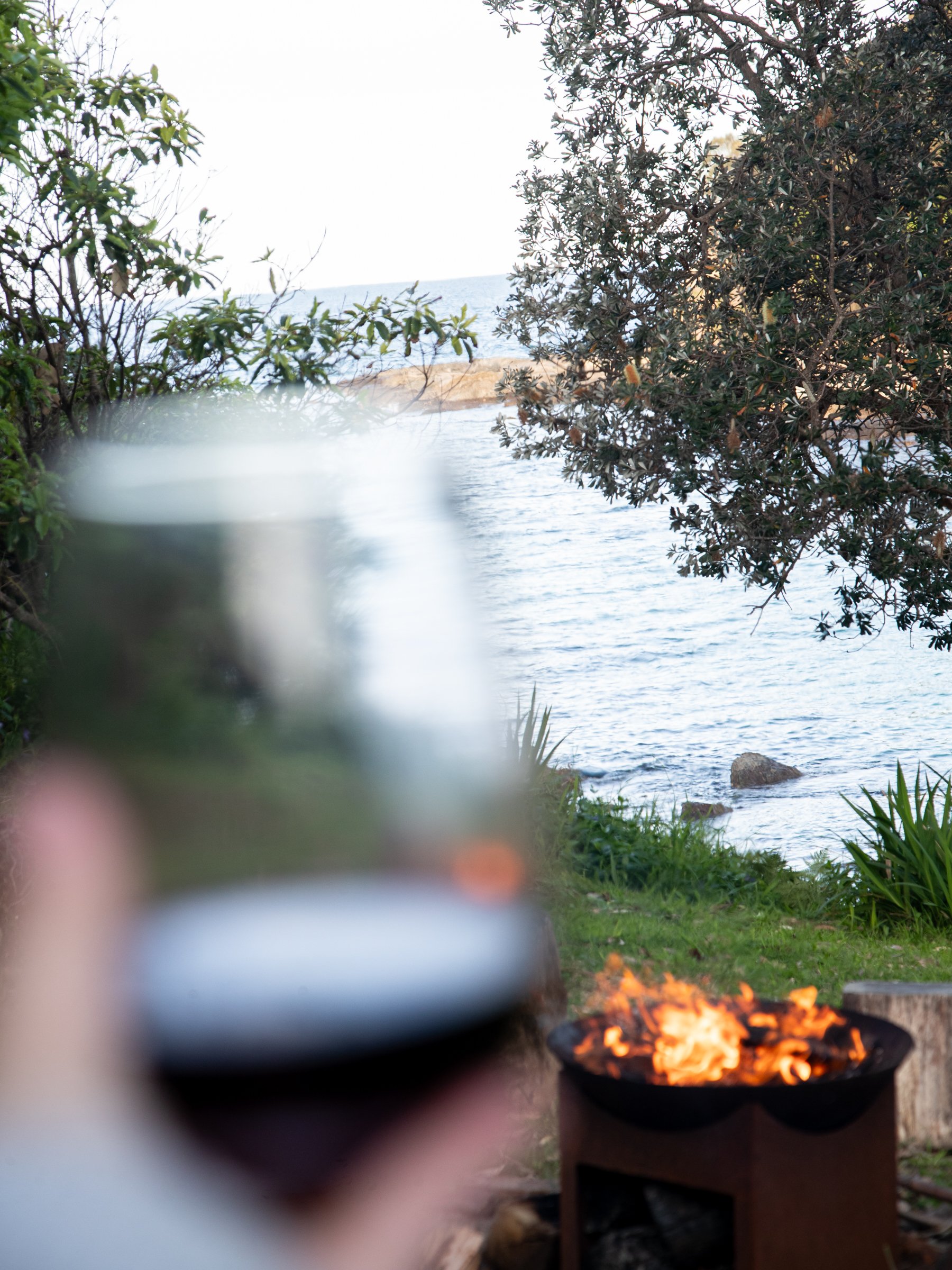 Hand holding a glass of red wine and fire pit