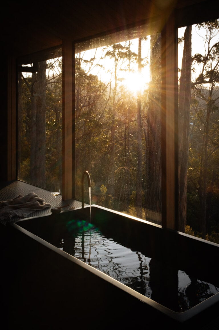 hunter luxury cabin huon valley bath sunset lean timms 768x1157